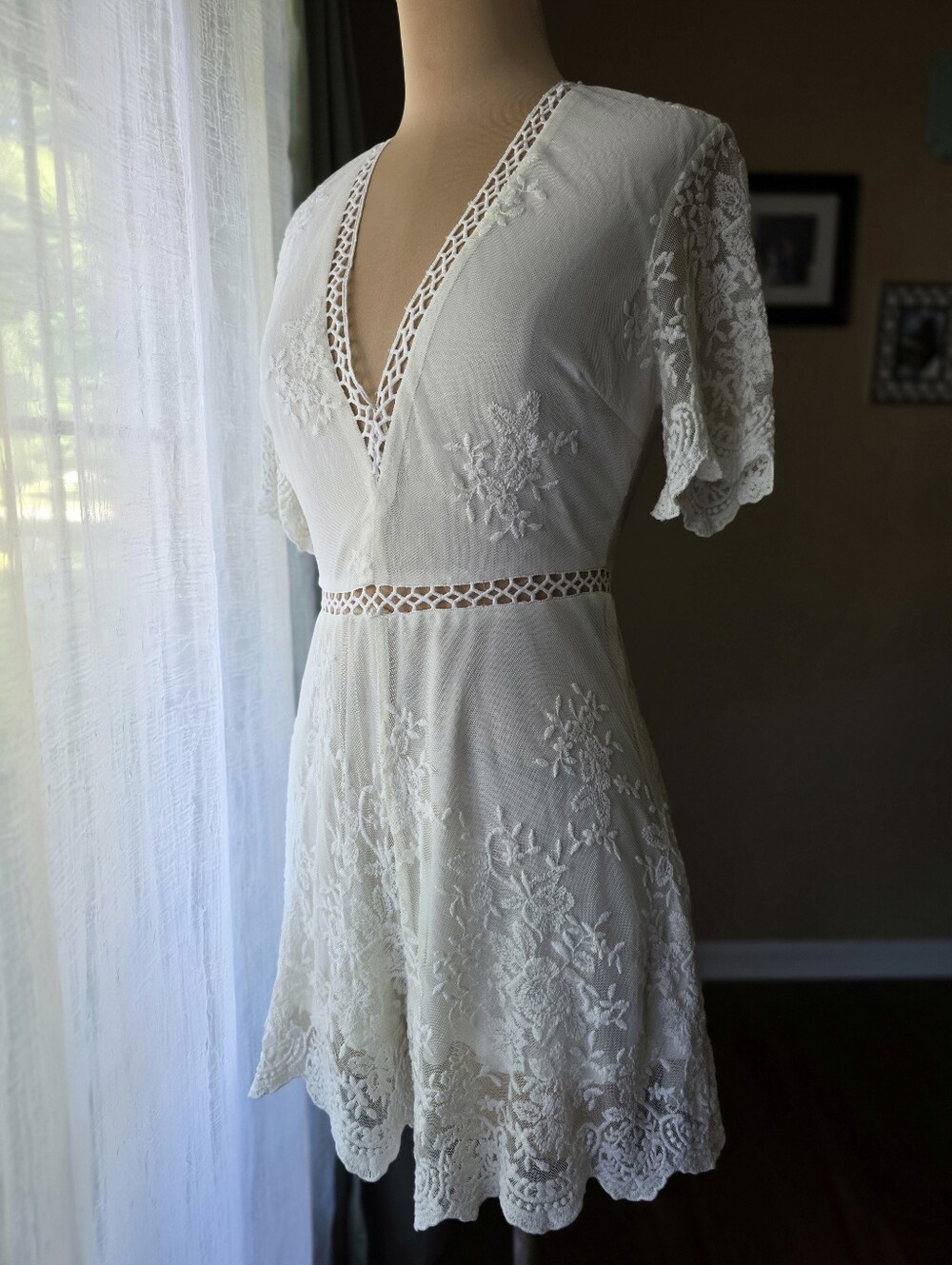 LUSH White Cream Lace Romper S Bridal Shower Bachelorette Openwork Crochet Boho